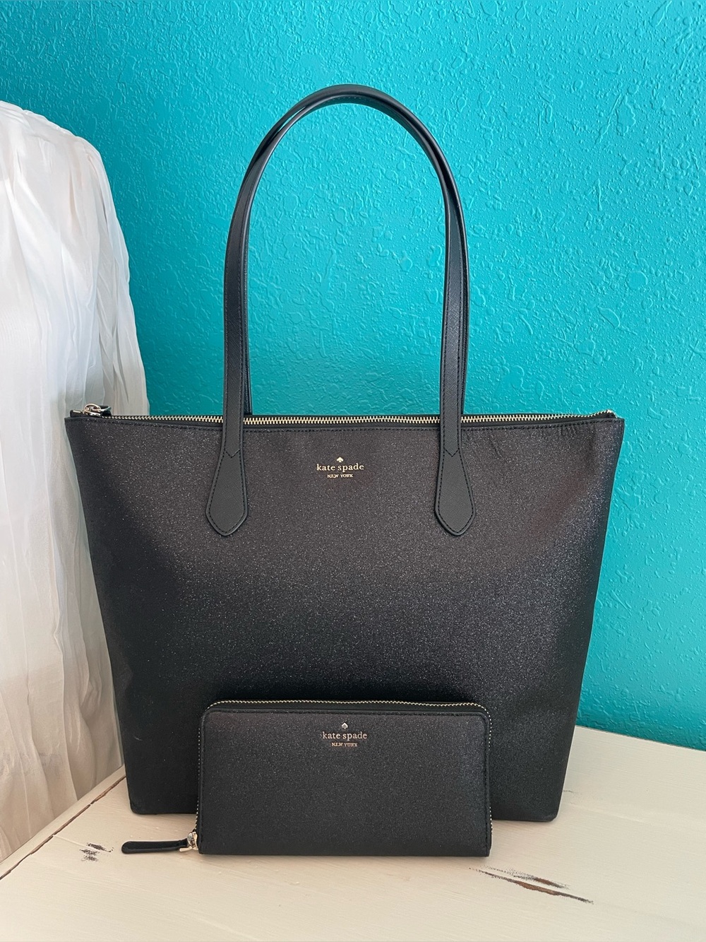 Kate Spade Black Sparkle Tote Shoulder Bag Wallet Set NWOT